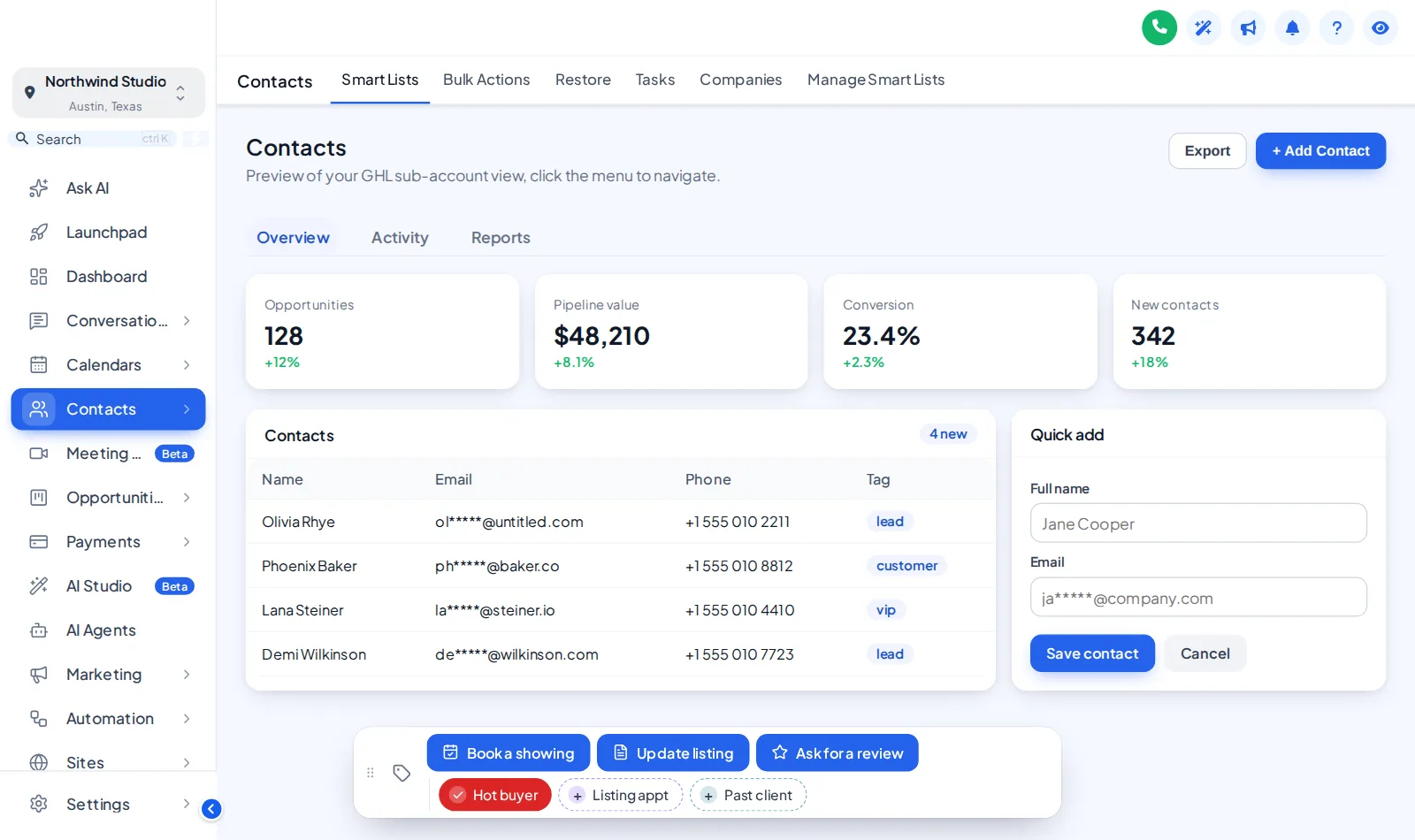 GoHighLevel contact page with the contact actions bar at the bottom: Book a showing, Update listing and Ask for a review buttons, and Hot buyer, Listing appt and Past client quick tags