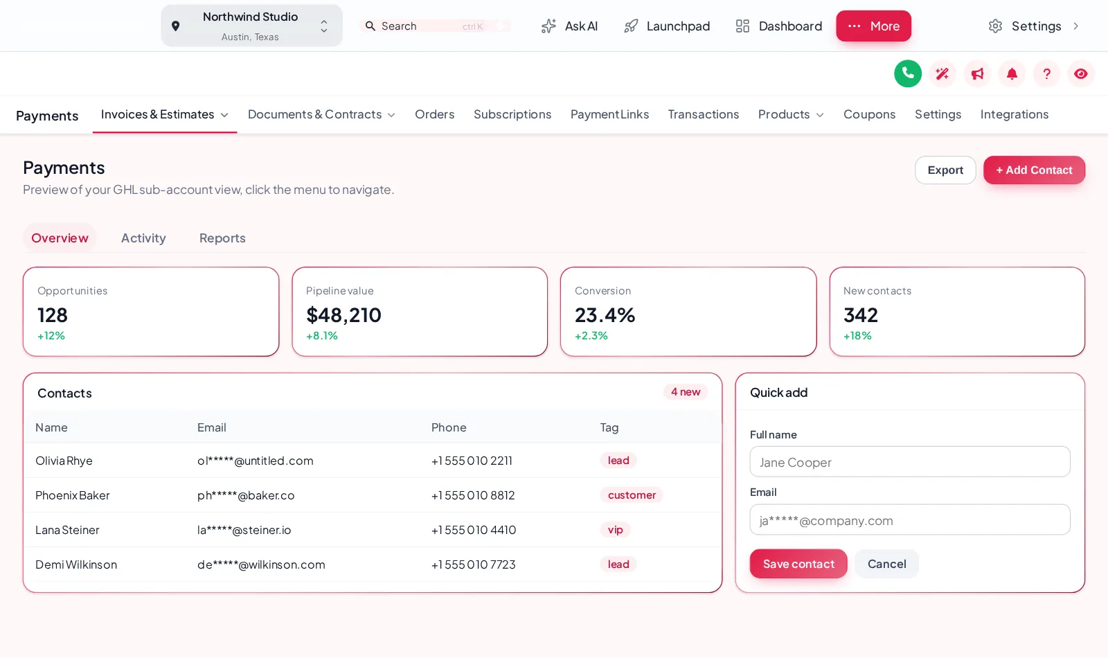 GoHighLevel sub-account with the menu turned into a glass top bar on the Gallery theme, showing the Payments section
