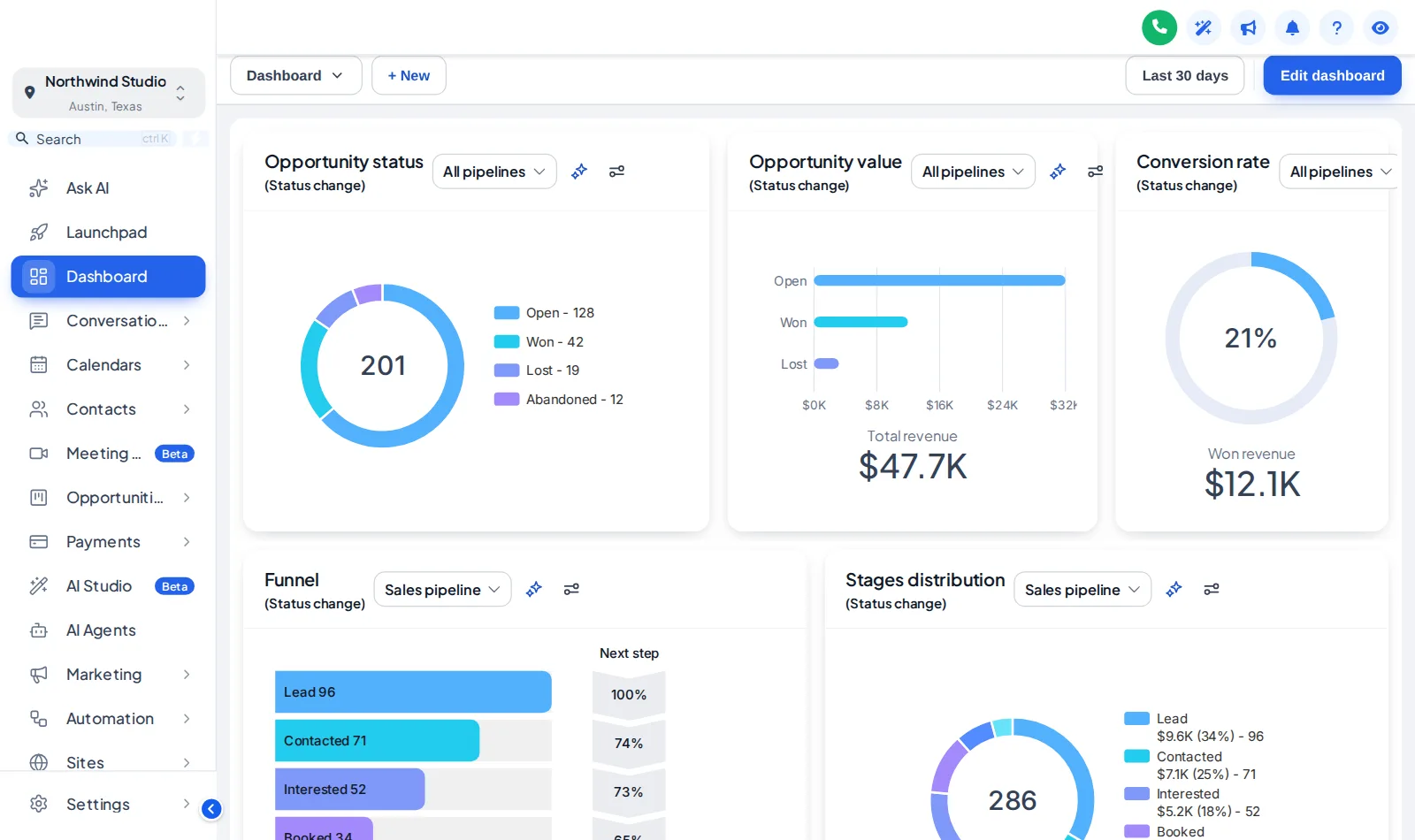 Care Desk GoHighLevel theme with a white sidebar and blue accent, Elevated UI kit