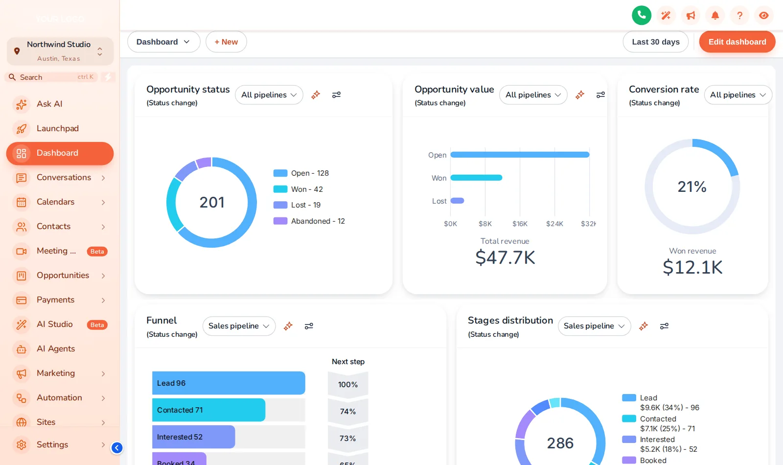 GoHighLevel restyled with the Sunset Coral theme: warm peach sidebar and rounded cards